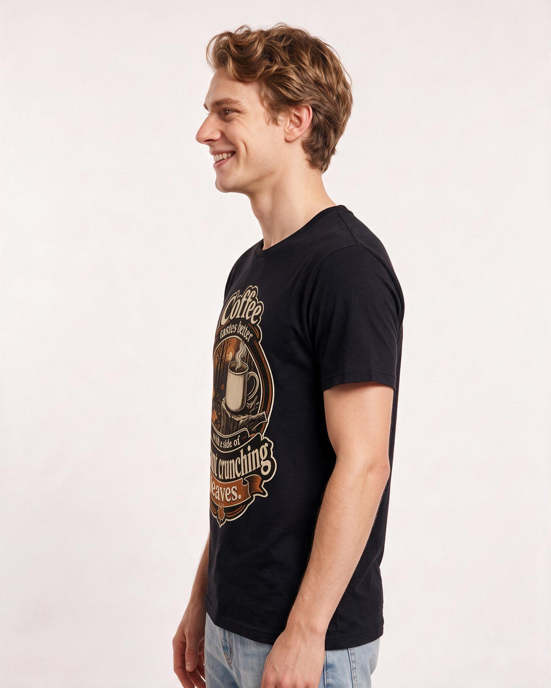 Hunting Men's Black T-Shirt – Coffee tastes better with a side of distant crunching leaves. product image 2