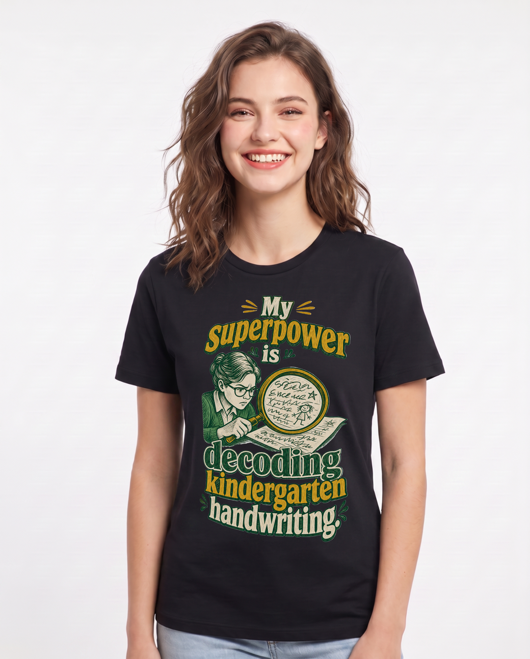 Teacher Women's Black T-Shirt – My superpower is decoding kindergarten handwriting. product image 1