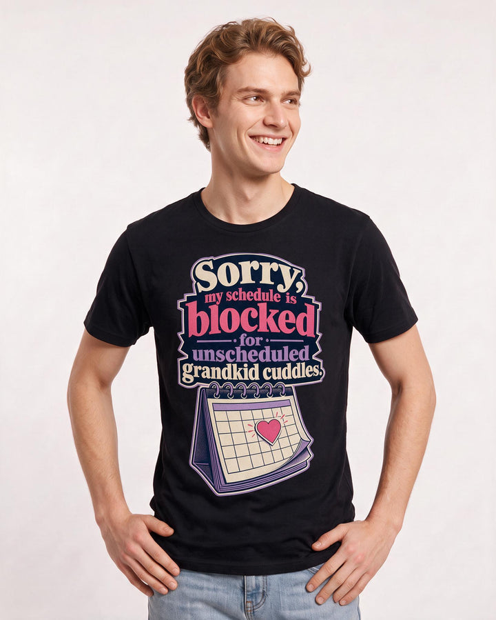 Grandparent Men's Black T-Shirt – Sorry, my schedule is blocked for unscheduled grandkid cuddles. product image 3