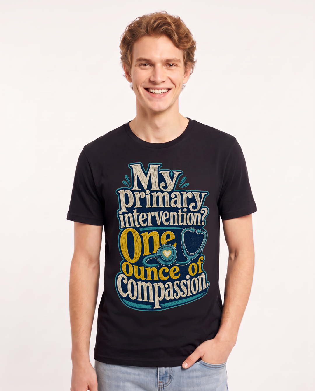 Nurse Men's Black T-Shirt – My primary intervention? One ounce of compassion. product image 1
