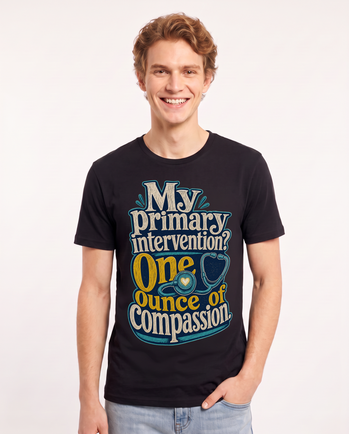 Nurse Men's Black T-Shirt – My primary intervention? One ounce of compassion. product image 1