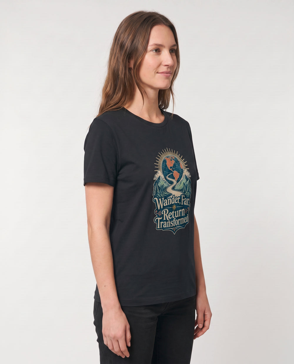 Wander Far, Return Transformed Black T-Shirt mockup 2