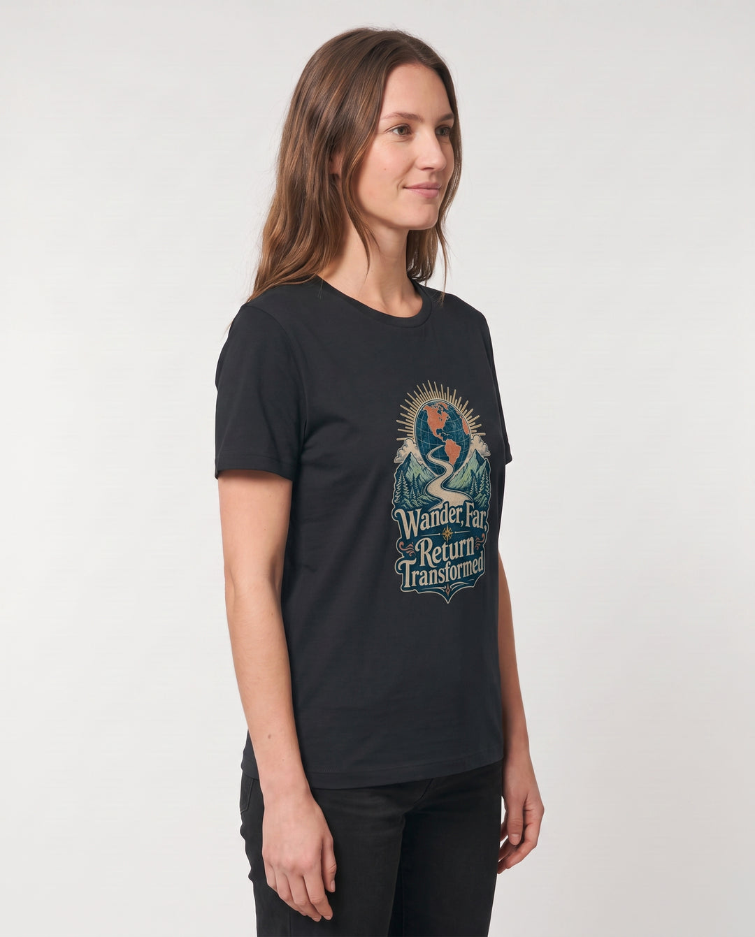 Wander Far, Return Transformed Black T-Shirt mockup 2