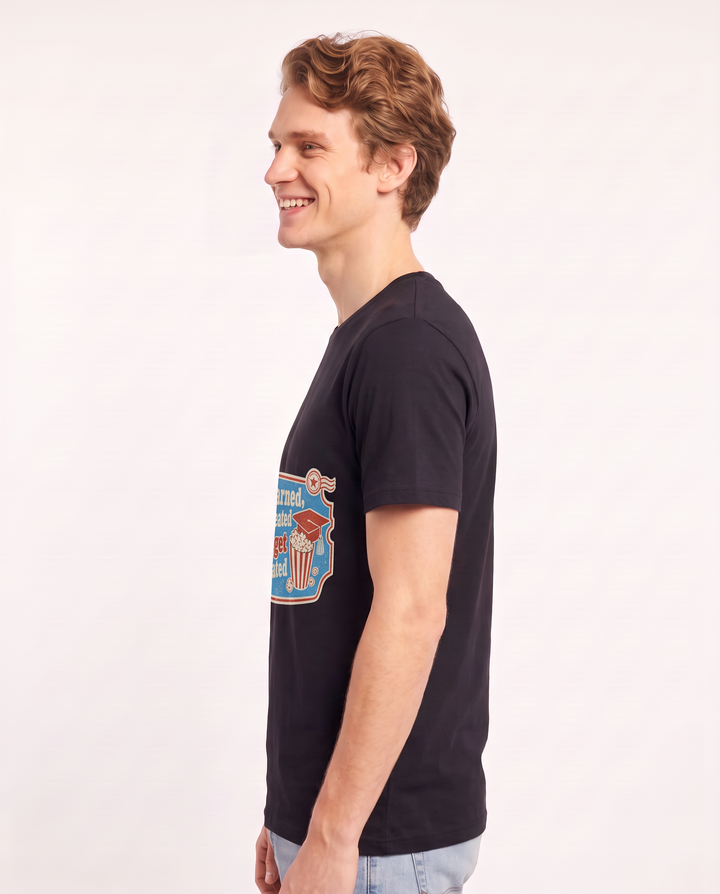 Degree earned, deadlines defeated, snack budget still undefeated - Men's Black T-Shirt product image 3