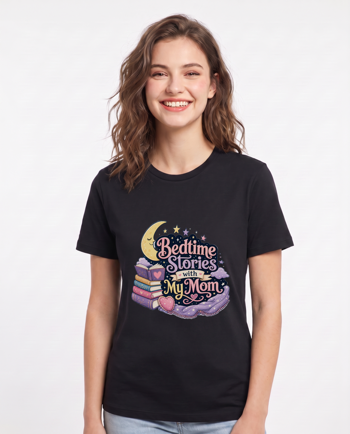 Bedtime Stories with My Mom Women's Black T-Shirt product image 2
