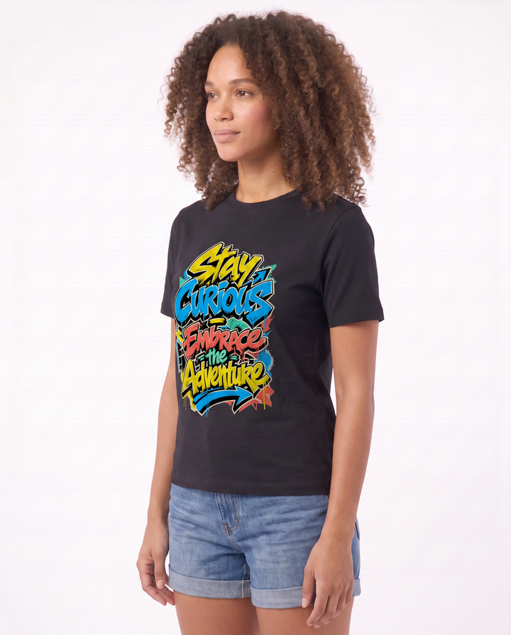 Stay Curious Embrace The Adventure Black T-Shirt mockup 2