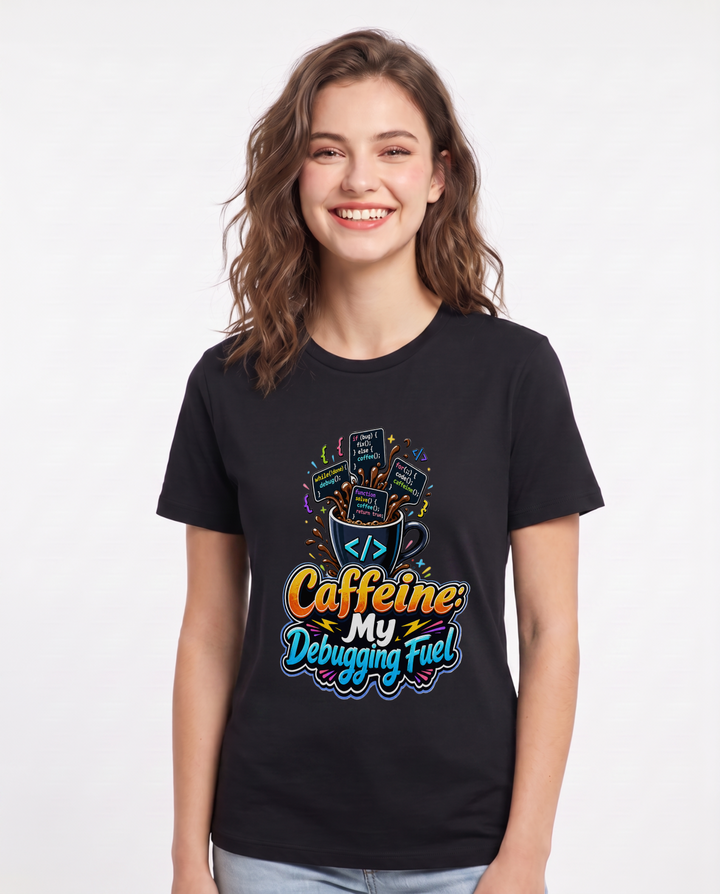 Caffeine: My Debugging Fuel Women's Black T-Shirt product image 2