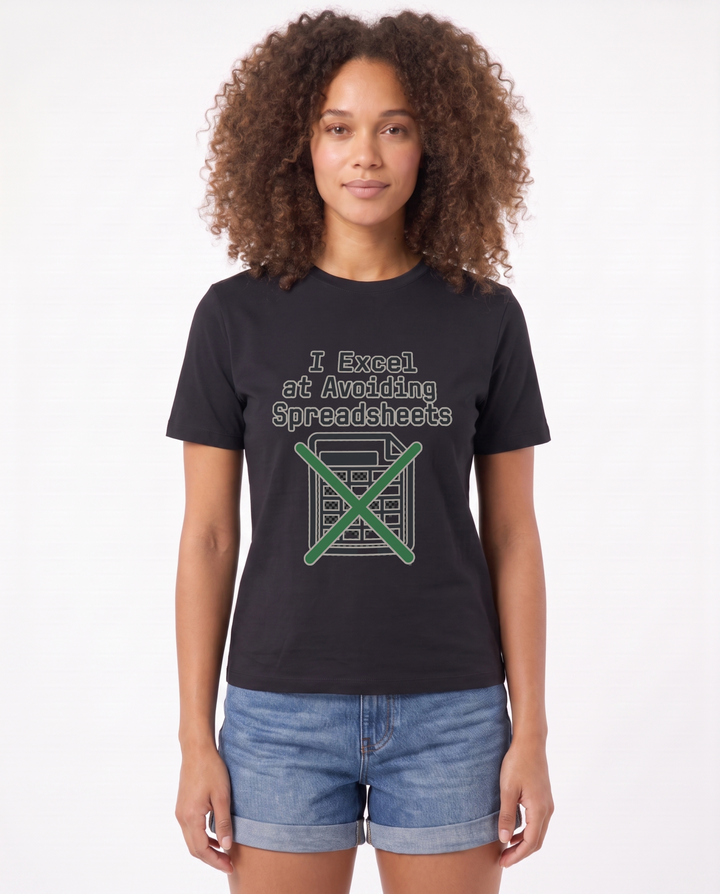 I Excel At Avoiding Spreadsheets Black T-Shirt mockup 1