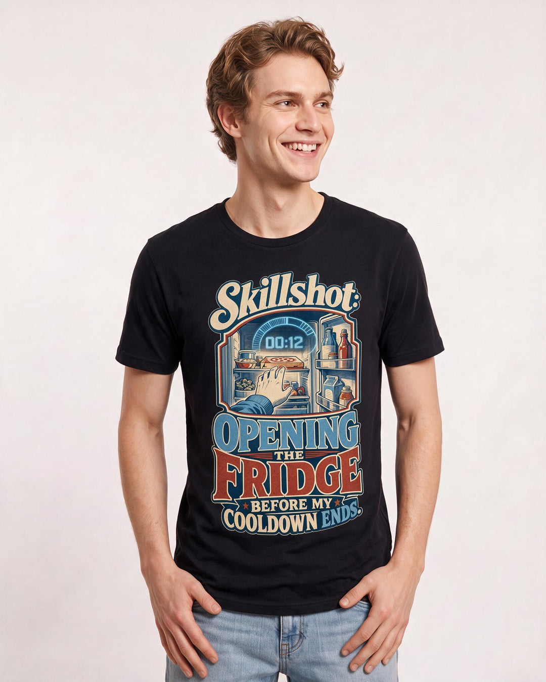 Funny Gaming Men's Black T-Shirt – Skillshot: Opening the fridge before my cooldown ends. product image 3