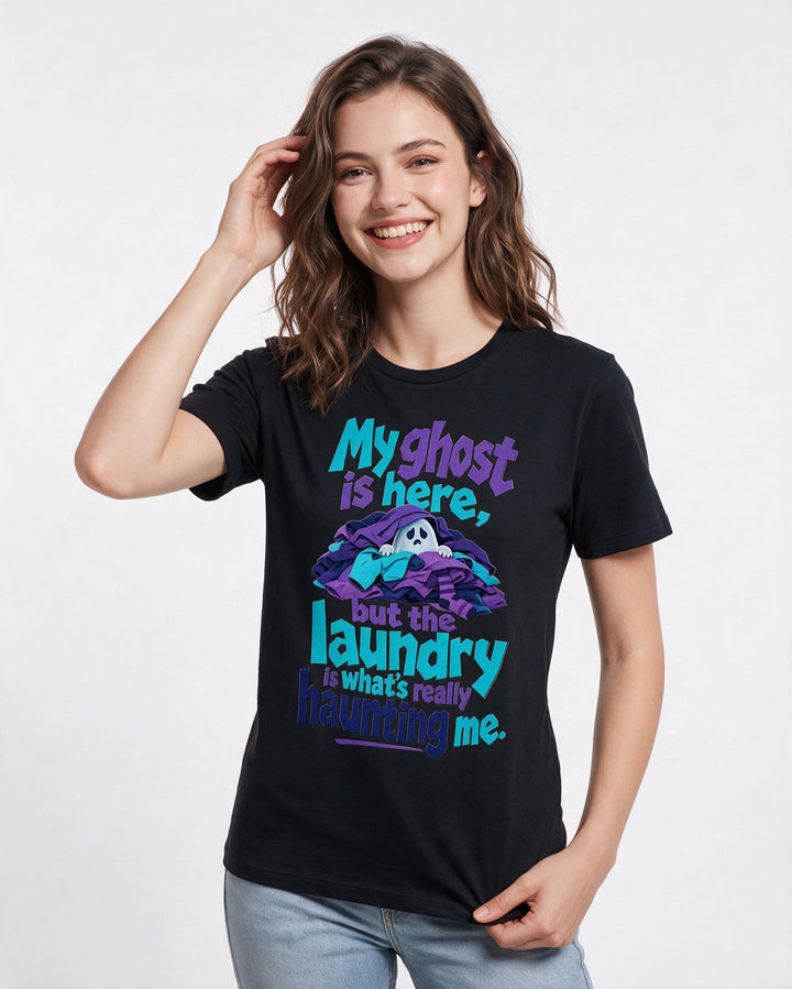 Funny Halloween Women's Black T-Shirt – My ghost is here, but the laundry is what's really haunting me. product image 3
