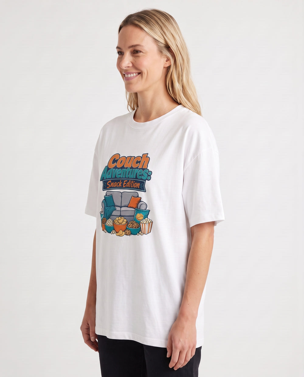 Couch Adventures: Snack Edition White T-Shirt mockup 2