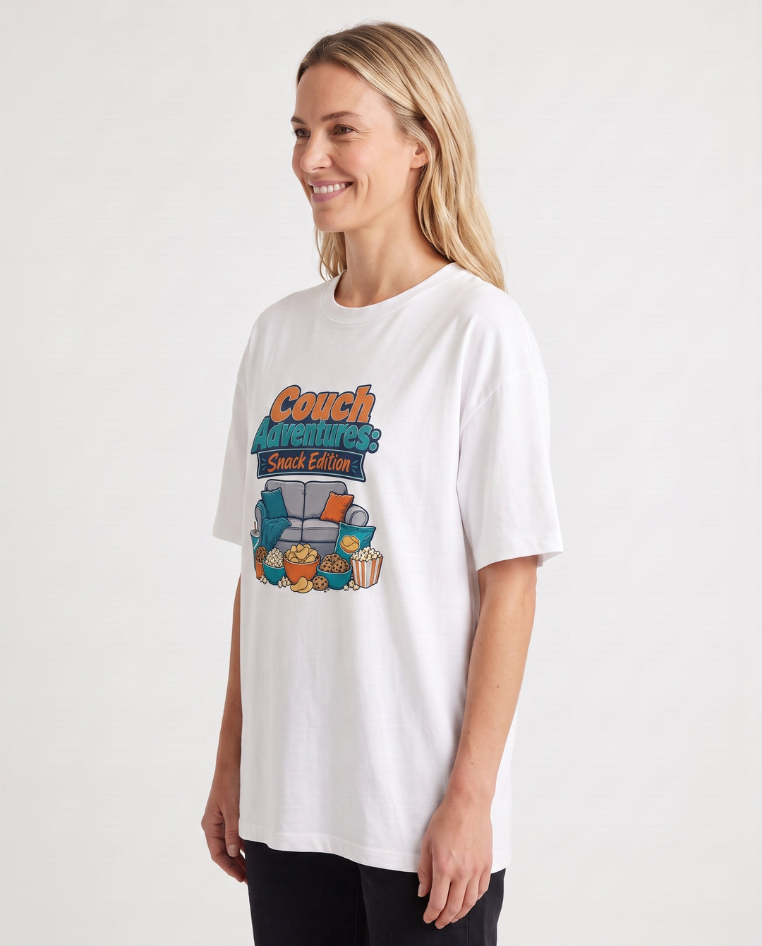 Couch Adventures: Snack Edition White T-Shirt mockup 2