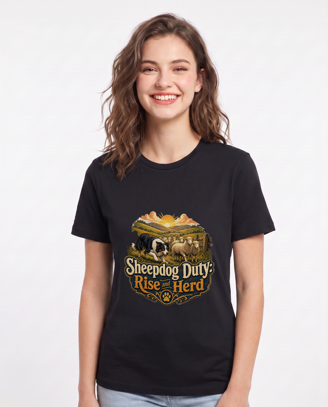 Sheepdog Duty: Rise and Herd Women's Black T-Shirt product image 2