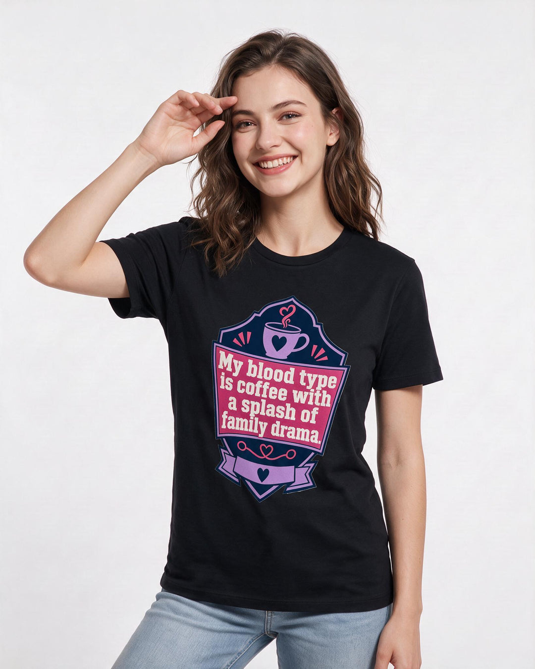Graphic Women's Black T-Shirt - My blood type is coffee with a splash product image 3