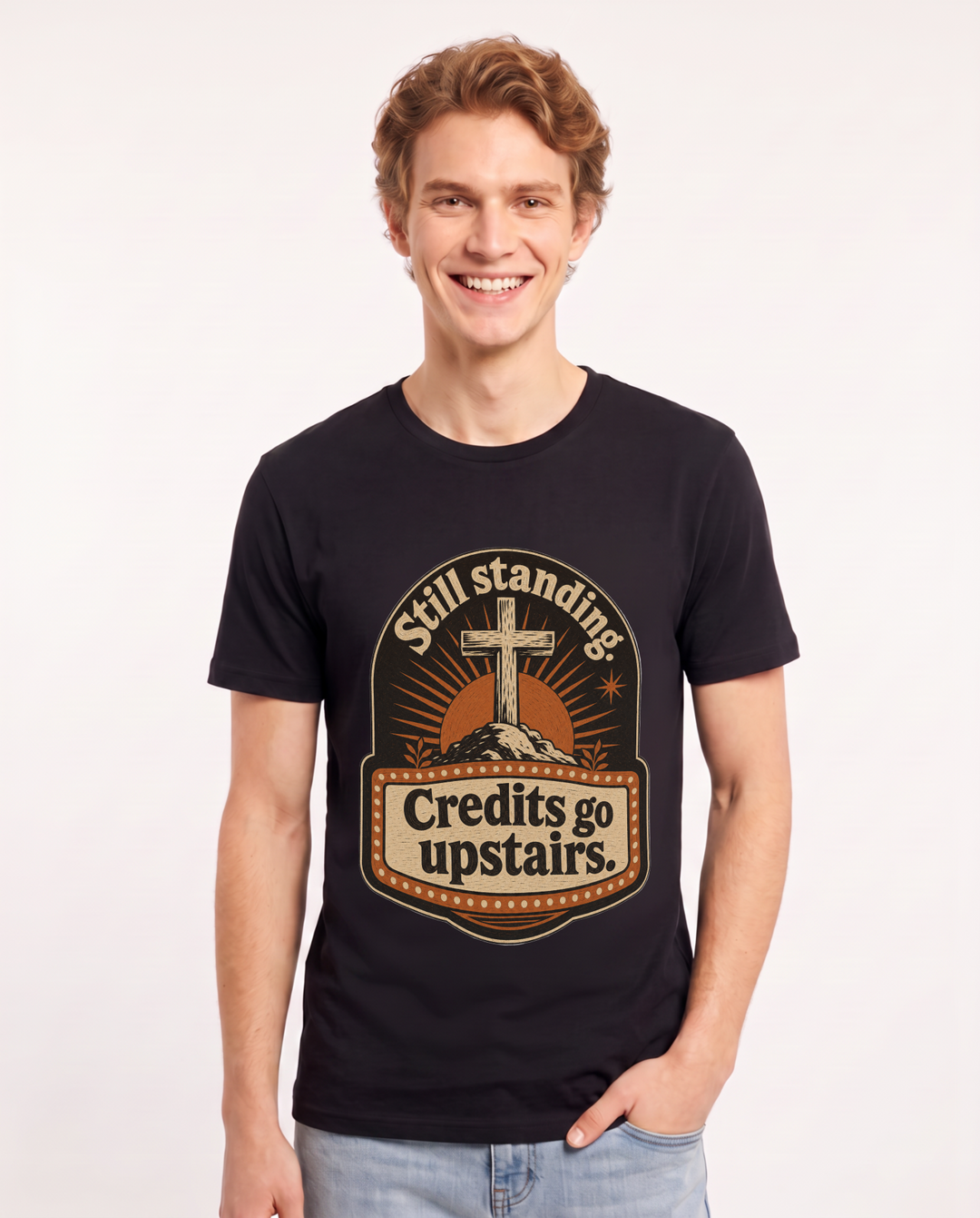 Graphic Men's Black T-Shirt - Still standing. Credits go upstairs. product image 1
