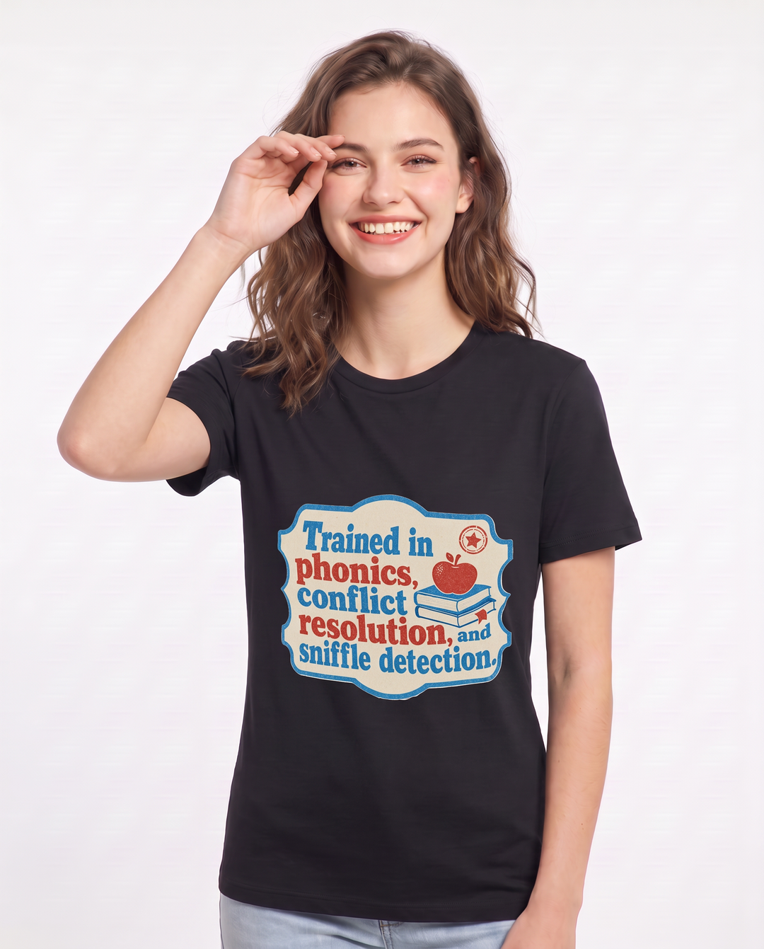 Teacher Gift Women's Black T-Shirt - Trained in phonics, conflict product image 3