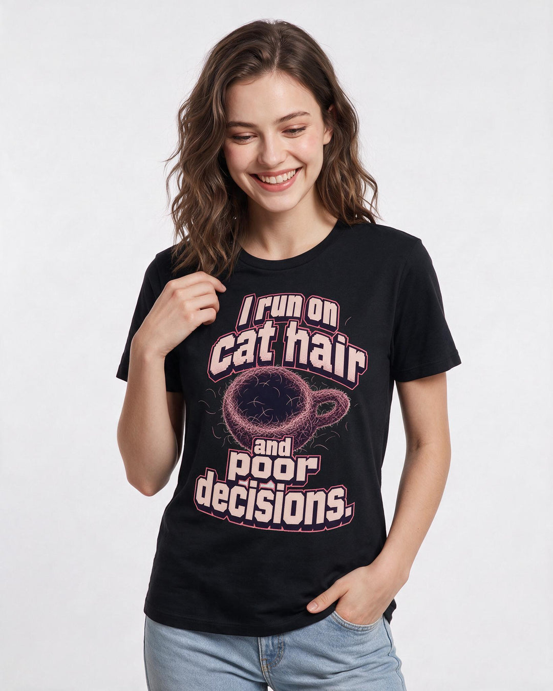 Funny Cat Lover Women's Black T-Shirt – I run on cat hair and poor decisions. product image 3
