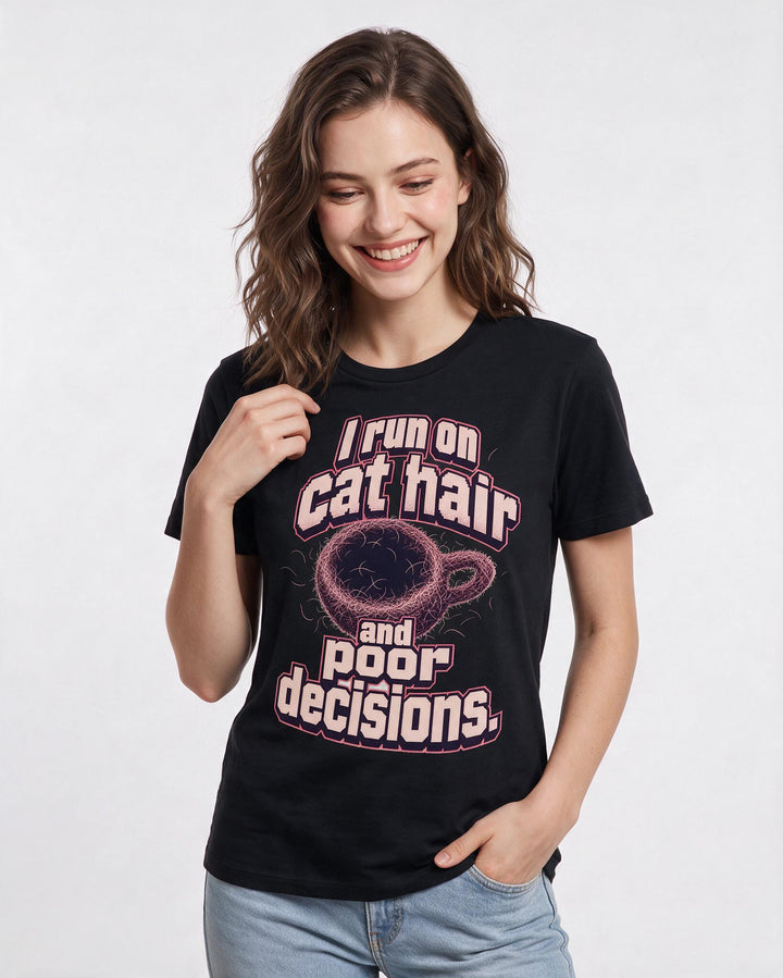 Funny Cat Lover Women's Black T-Shirt – I run on cat hair and poor decisions. product image 3