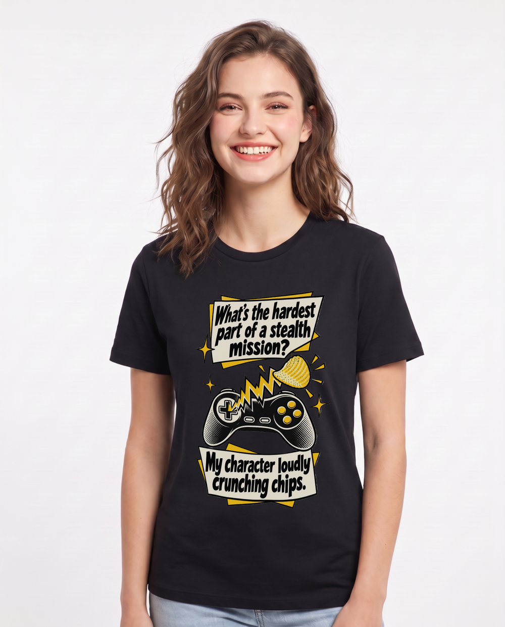 What's the hardest part of a stealth mission? My character loudly crunching chips. Women's Black T-Shirt product image 2