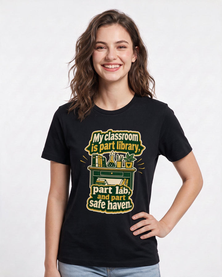 Teacher Gift Women's Black T-Shirt - My classroom is part library, product image 3