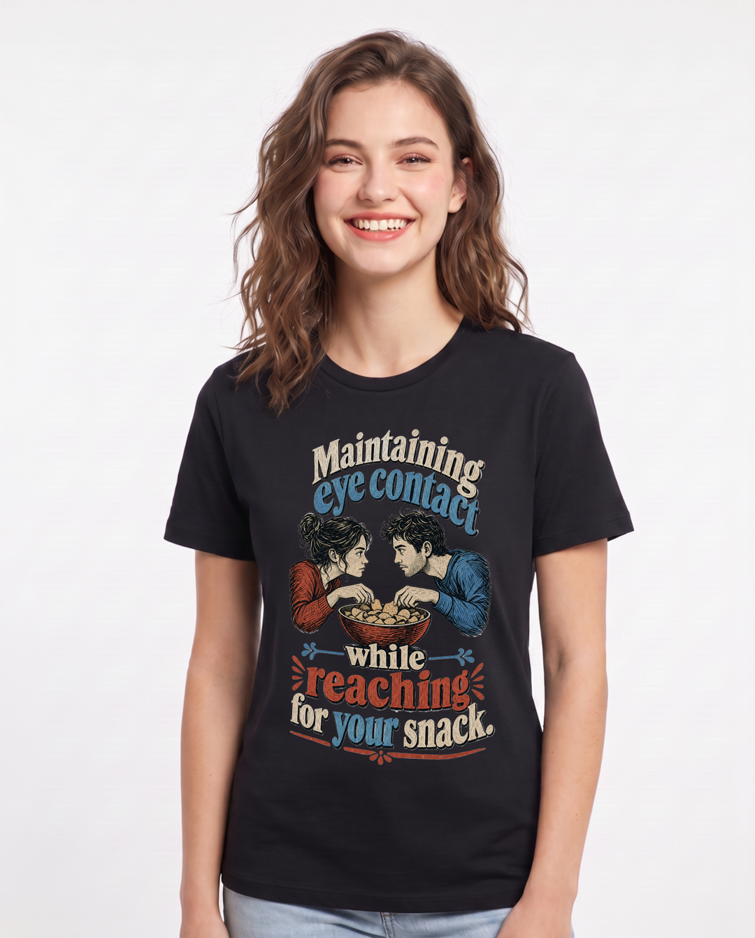 Funny Couples Women's Black T-Shirt – Maintaining eye contact while reaching for your snack. product image 1