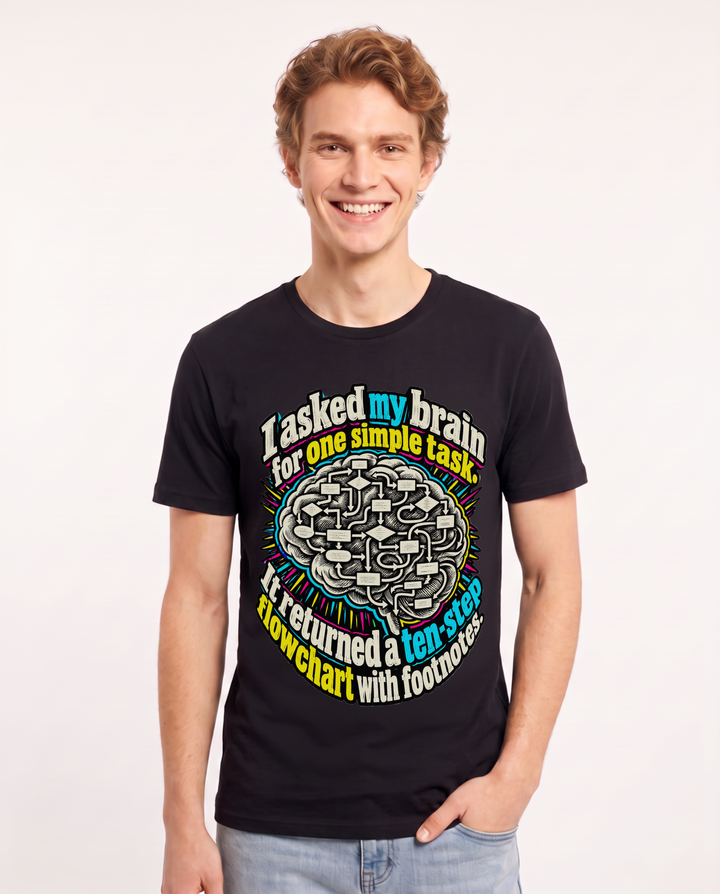 I asked my brain for one simple task. It returned a ten-step flowchart with footnotes. Men's Black T-Shirt product image 2