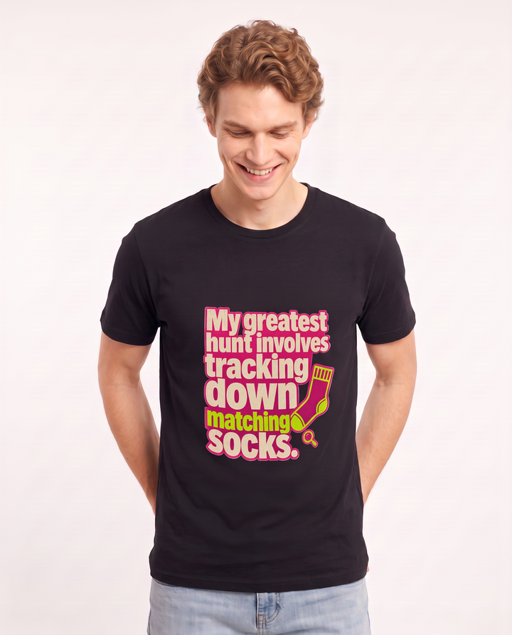 My greatest hunt involves tracking down matching socks. Men's Black T-Shirt product image 1
