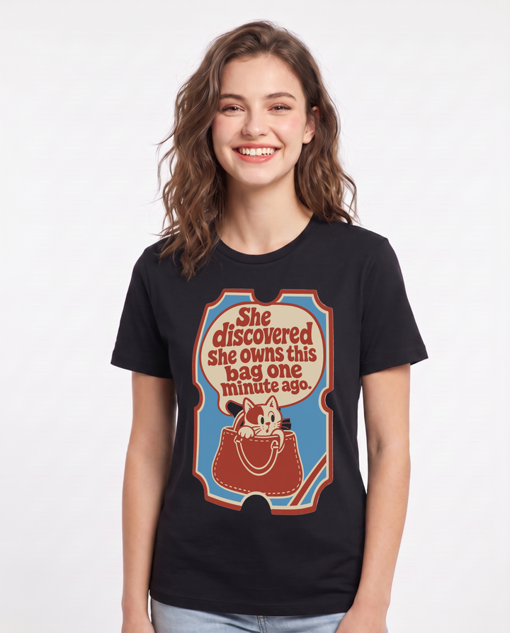 Graphic Women's Black T-Shirt - She discovered she owns this bag one product image 1