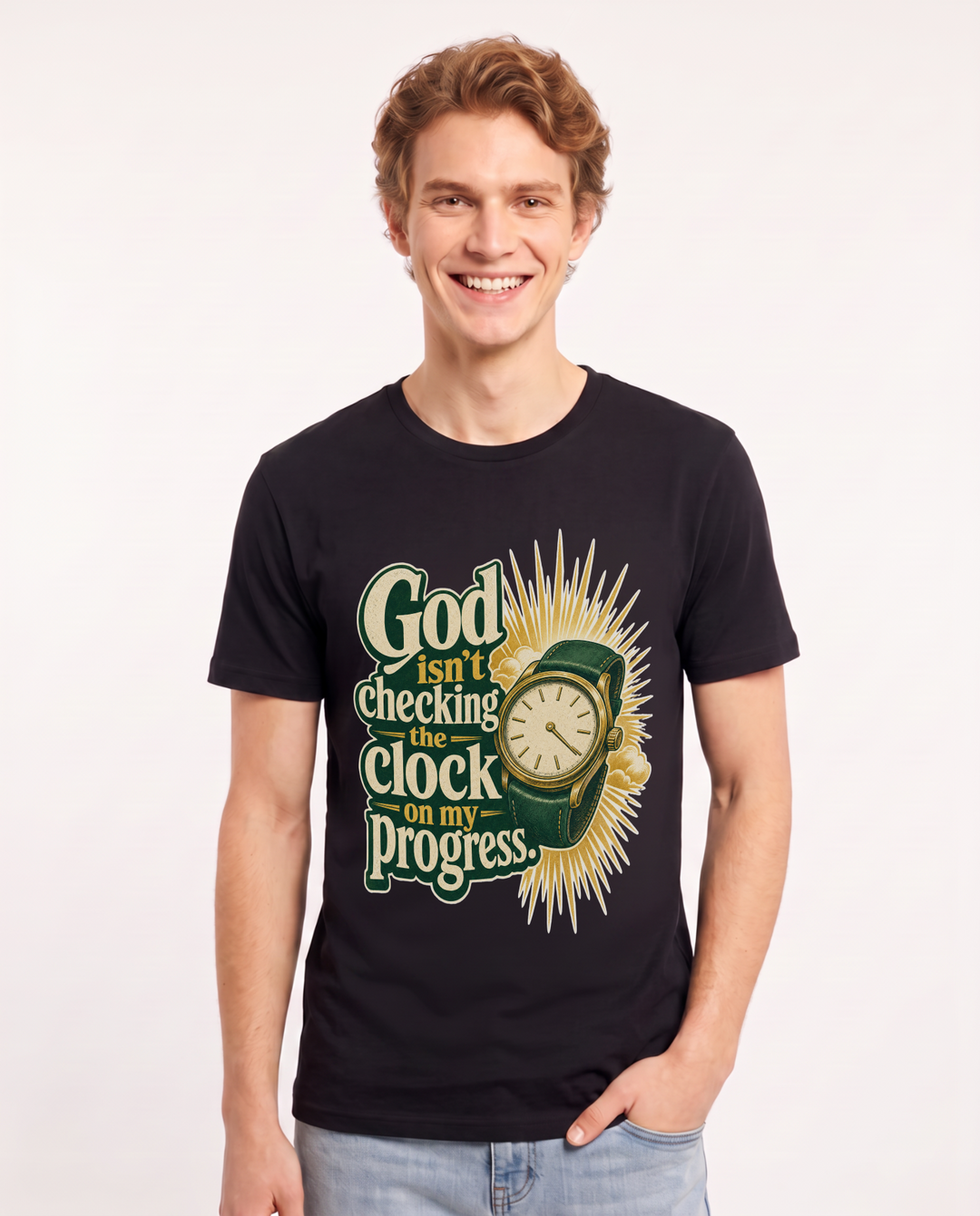 Christian Faith Men's Black T-Shirt – God isn't checking the clock on my progress. product image 1