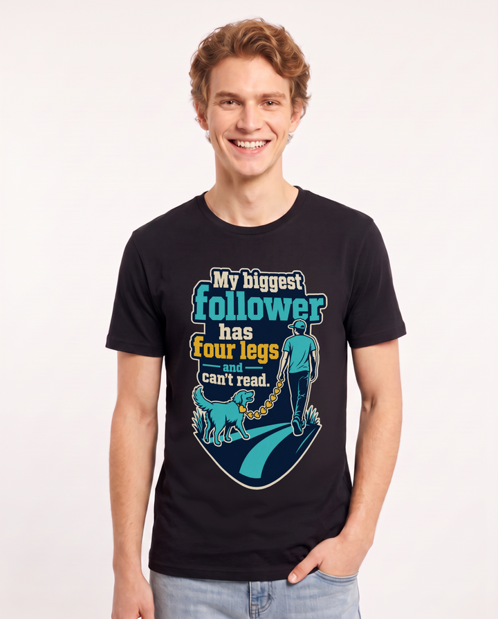 Funny Cat Lover Men's Black T-Shirt – My biggest follower has four legs and can't read product image 1