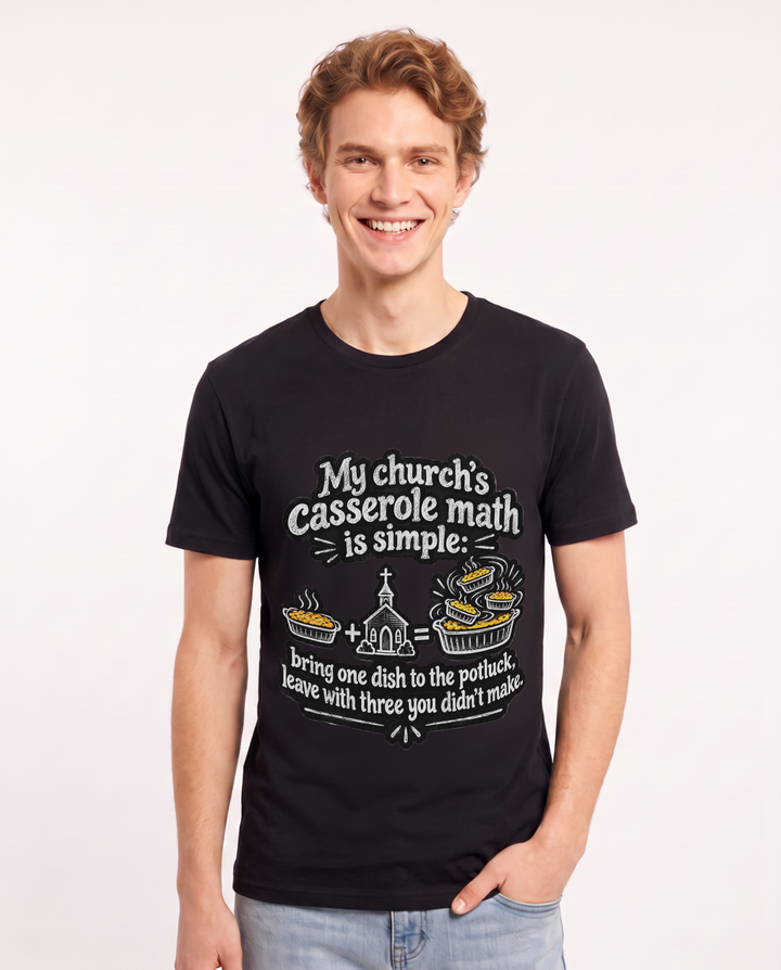 My church's casserole math is simple: bring one dish to the potluck, leave with three you didn't make. Men's Black T-Shirt product image 2