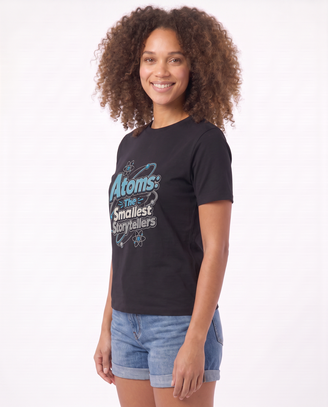 Atoms: The Smallest Storytellers Black T-Shirt mockup 2