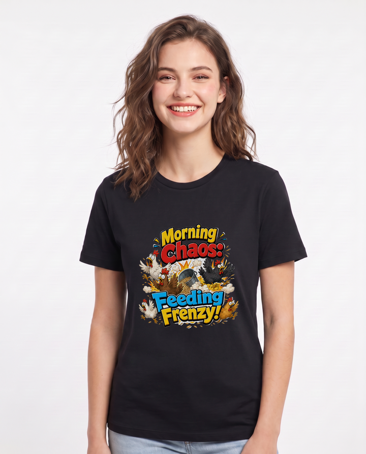 Morning Chaos: Feeding Frenzy! Women's Black T-Shirt product image 2