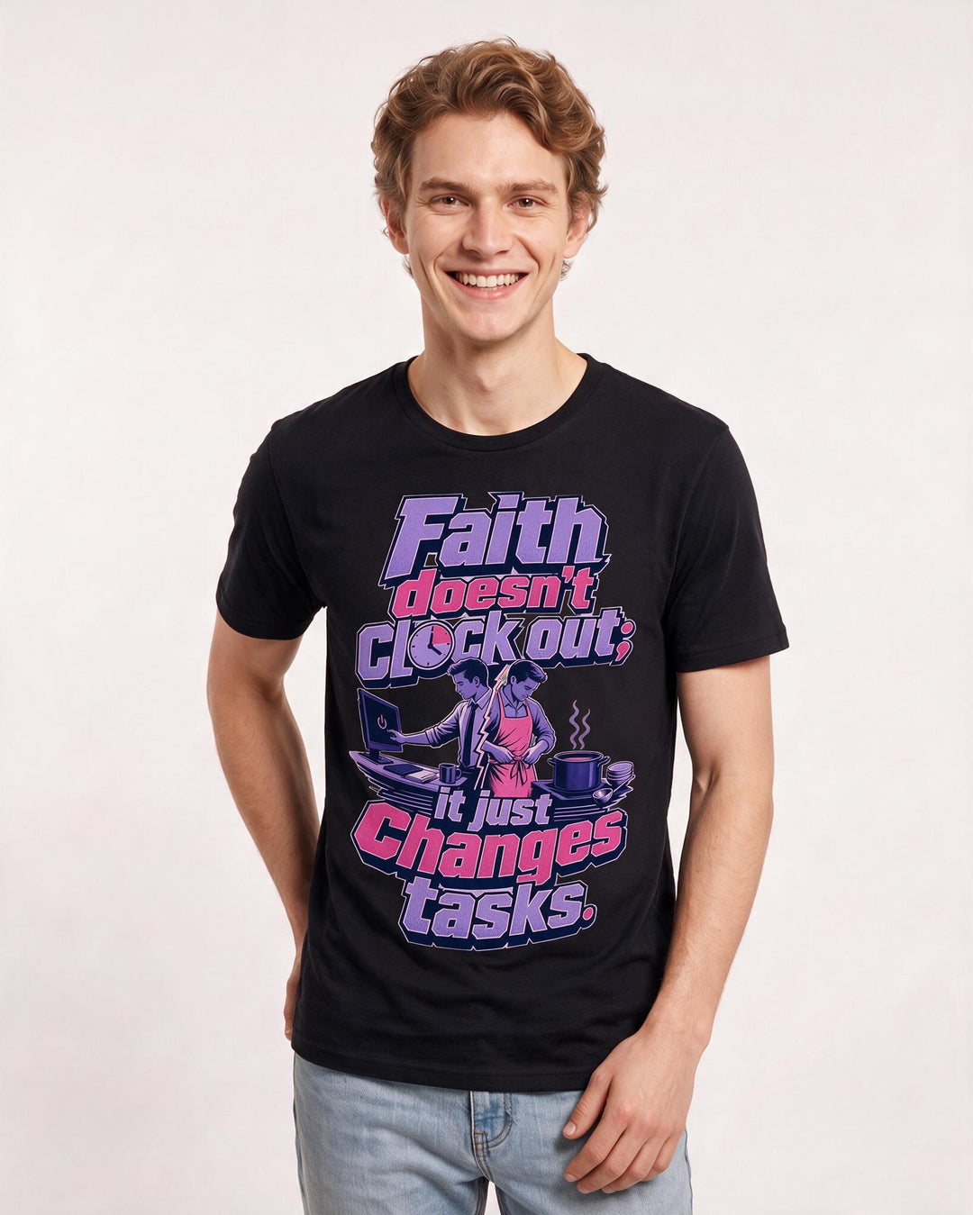 Christian Faith Men's Black T-Shirt – Faith doesn't clock out; it just changes tasks. product image 3