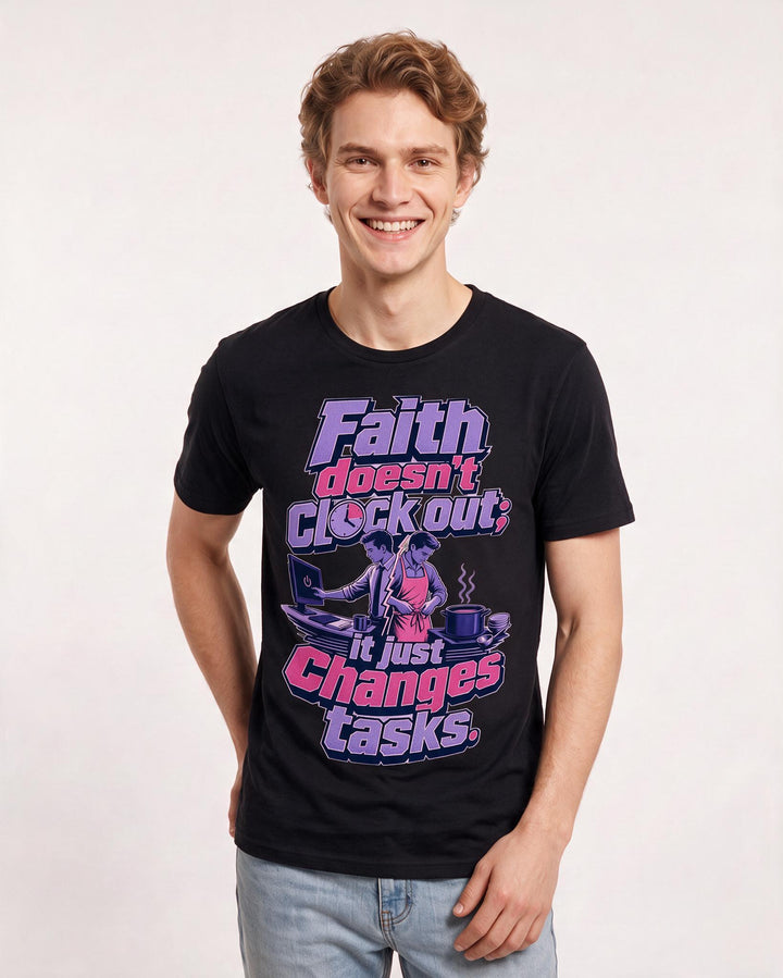 Christian Faith Men's Black T-Shirt – Faith doesn't clock out; it just changes tasks. product image 3