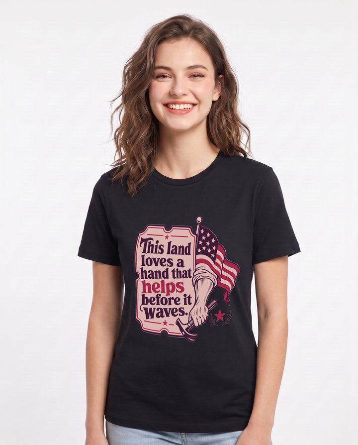 Graphic Women's Black T-Shirt - This land loves a hand that helps product image 1
