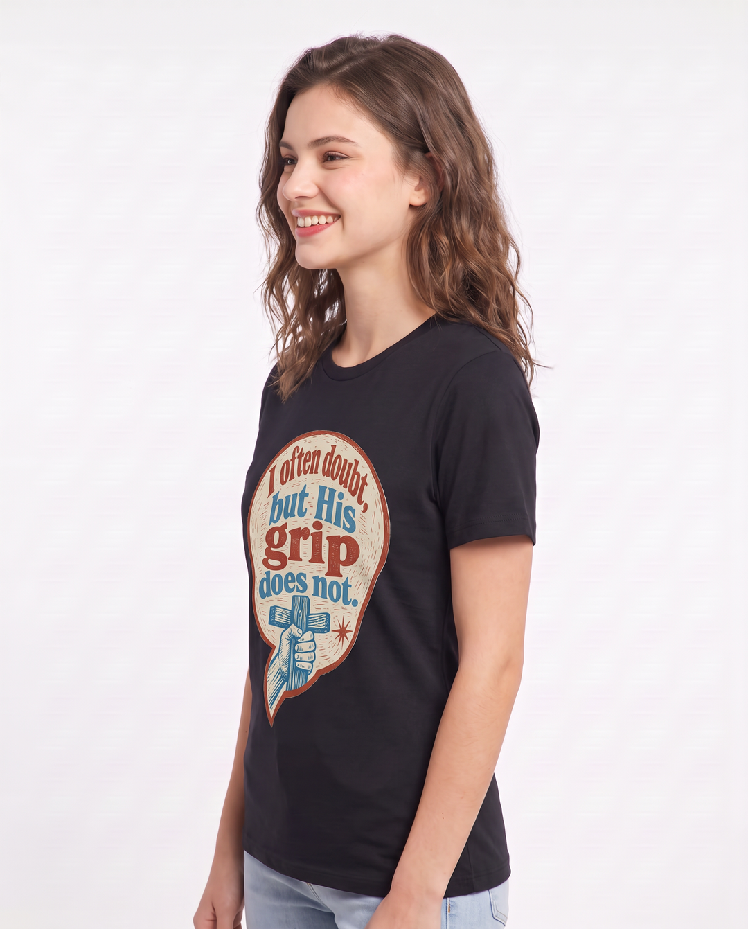 Graphic Women's Black T-Shirt - I often doubt, but His grip does not. product image 2