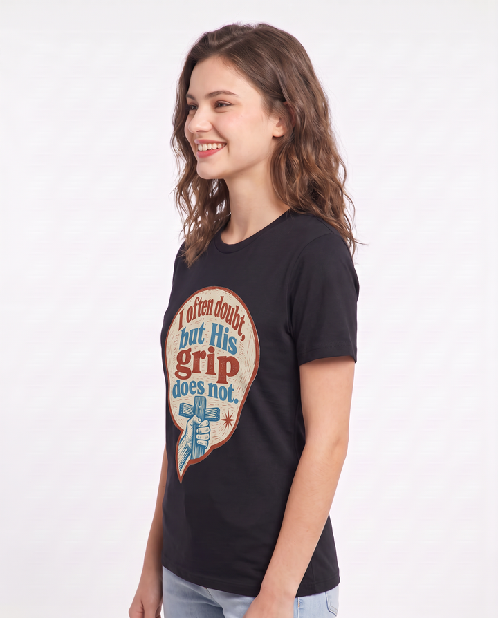 Graphic Women's Black T-Shirt - I often doubt, but His grip does not. product image 2