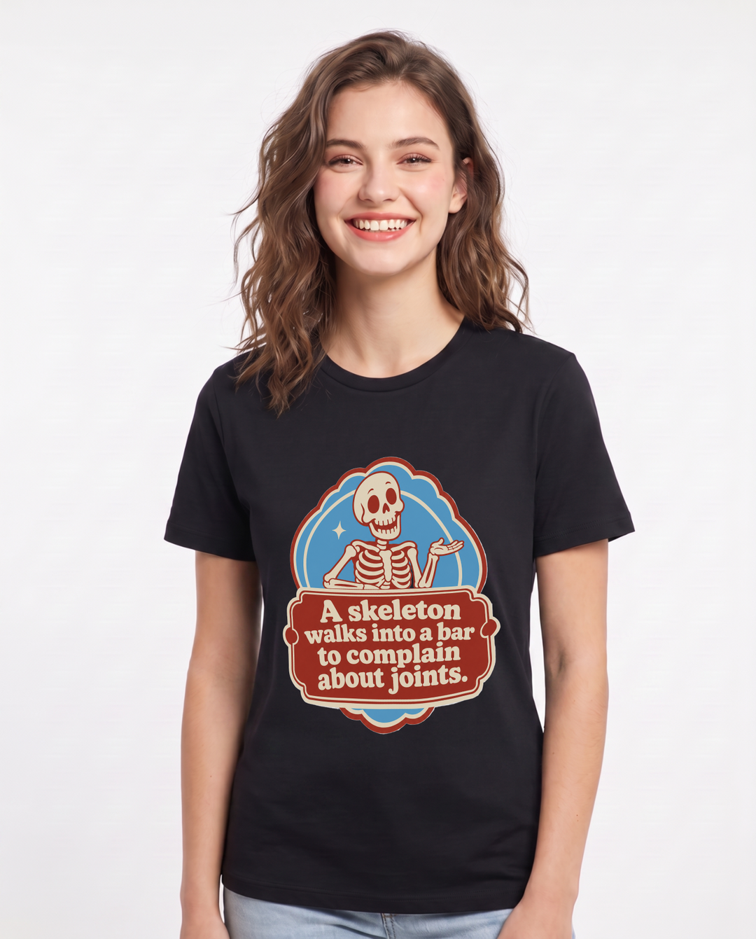 Halloween Women's Black T-Shirt - A skeleton walks into a bar to product image 1