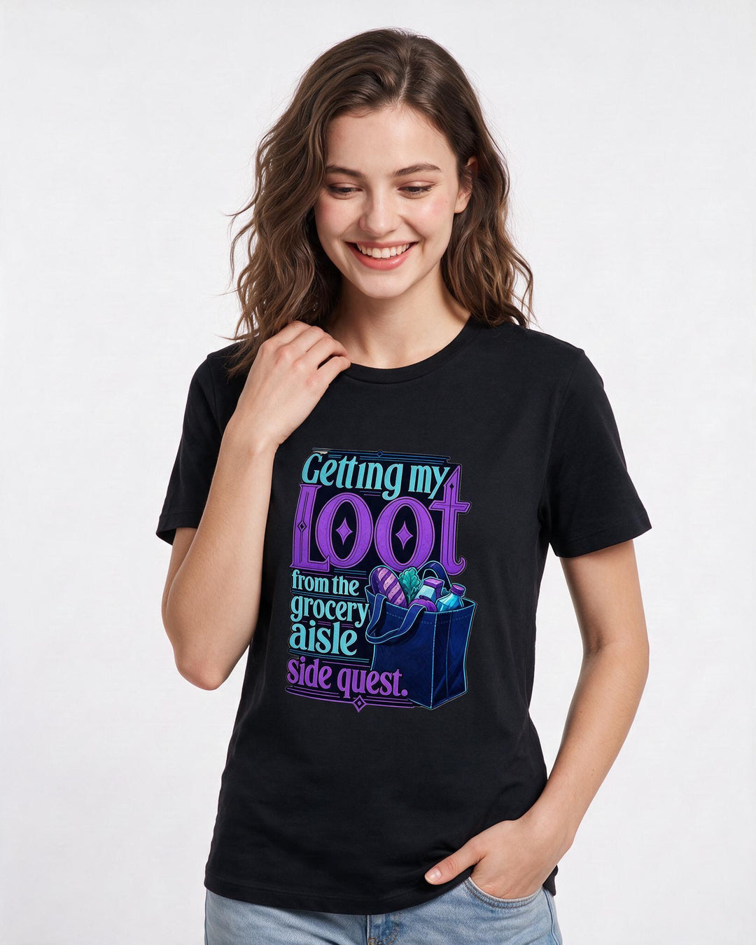 Gaming Women's Black T-Shirt – Getting my loot from the grocery aisle side quest. product image 3