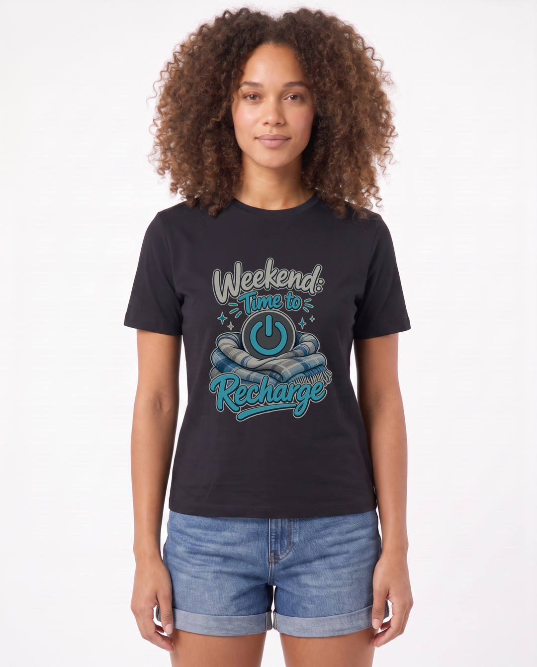 Weekend: Time To Recharge Black T-Shirt mockup 1