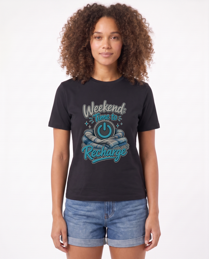 Weekend: Time To Recharge Black T-Shirt mockup 1