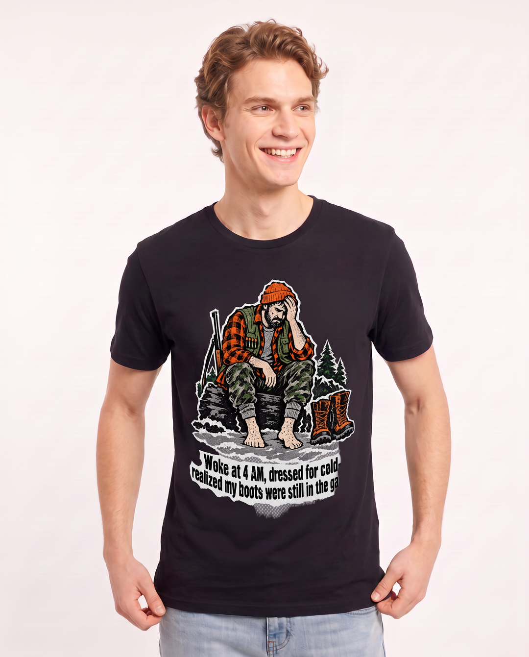 Woke at 4 AM, dressed for cold—realized my boots were still in the garage. Men's Black T-Shirt product image 1