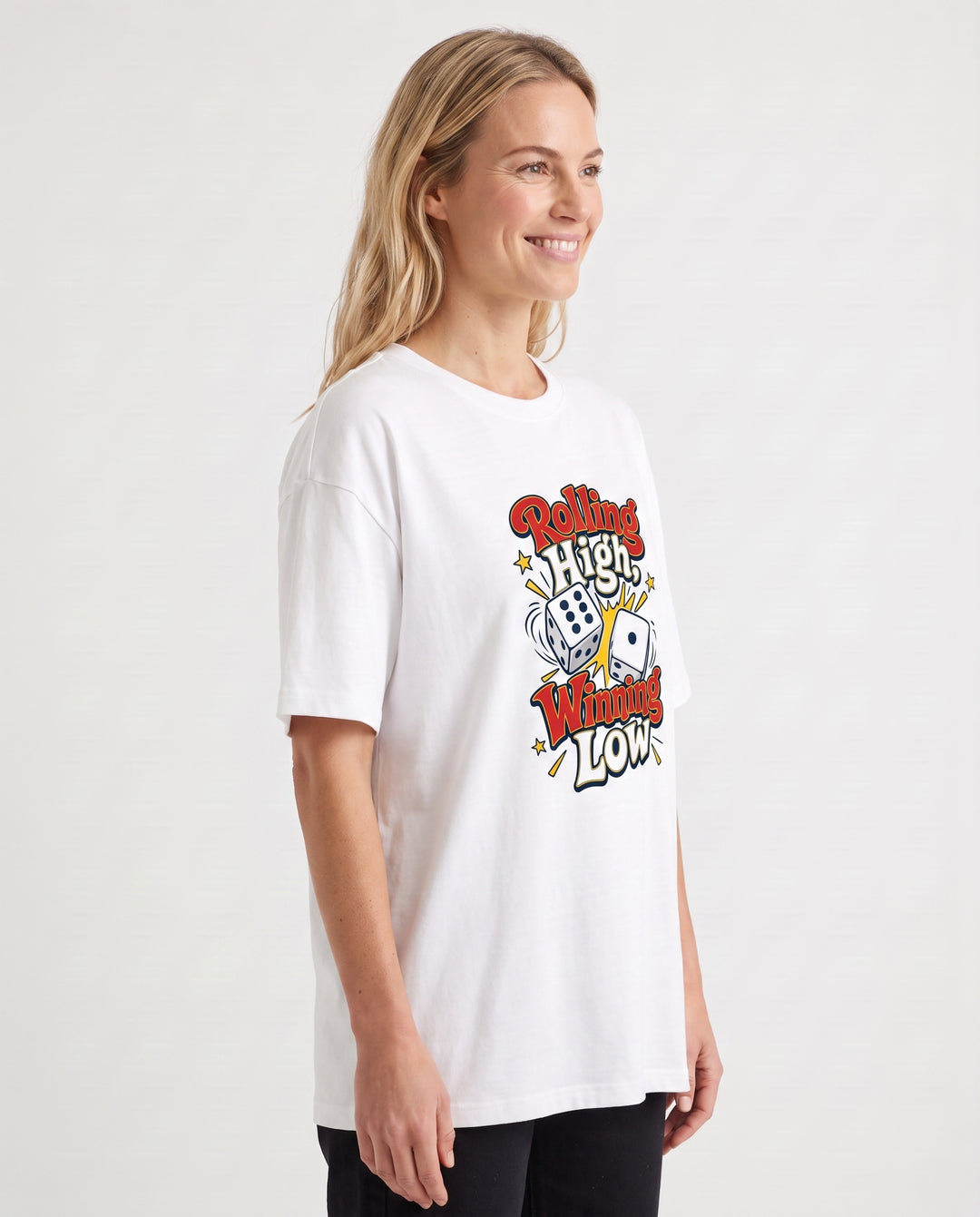 Rolling High, Winning Low White T-Shirt mockup 2