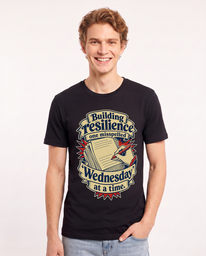 Funny Teacher Men's Black T-Shirt – Building resilience one misspelled 'Wednesday' at a time. product image 1