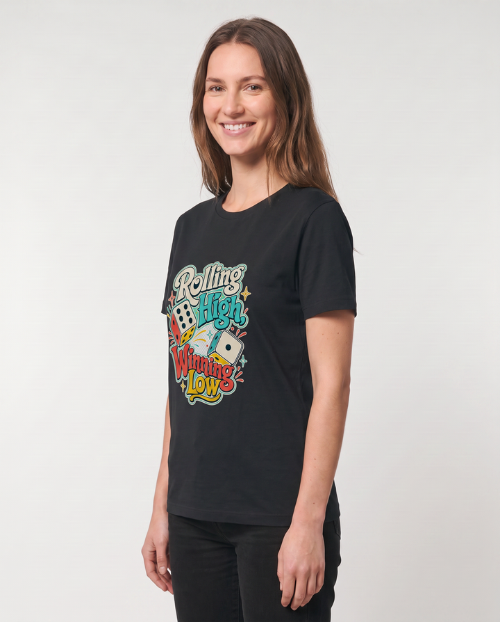 Rolling High, Winning Low Black T-Shirt mockup 2