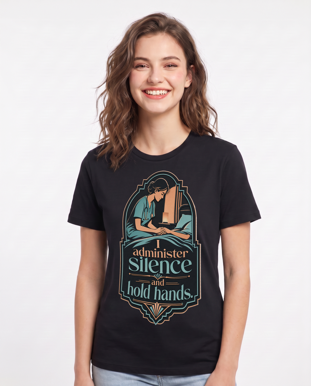 Nurse Women's Black T-Shirt – I administer silence and hold hands. product image 1