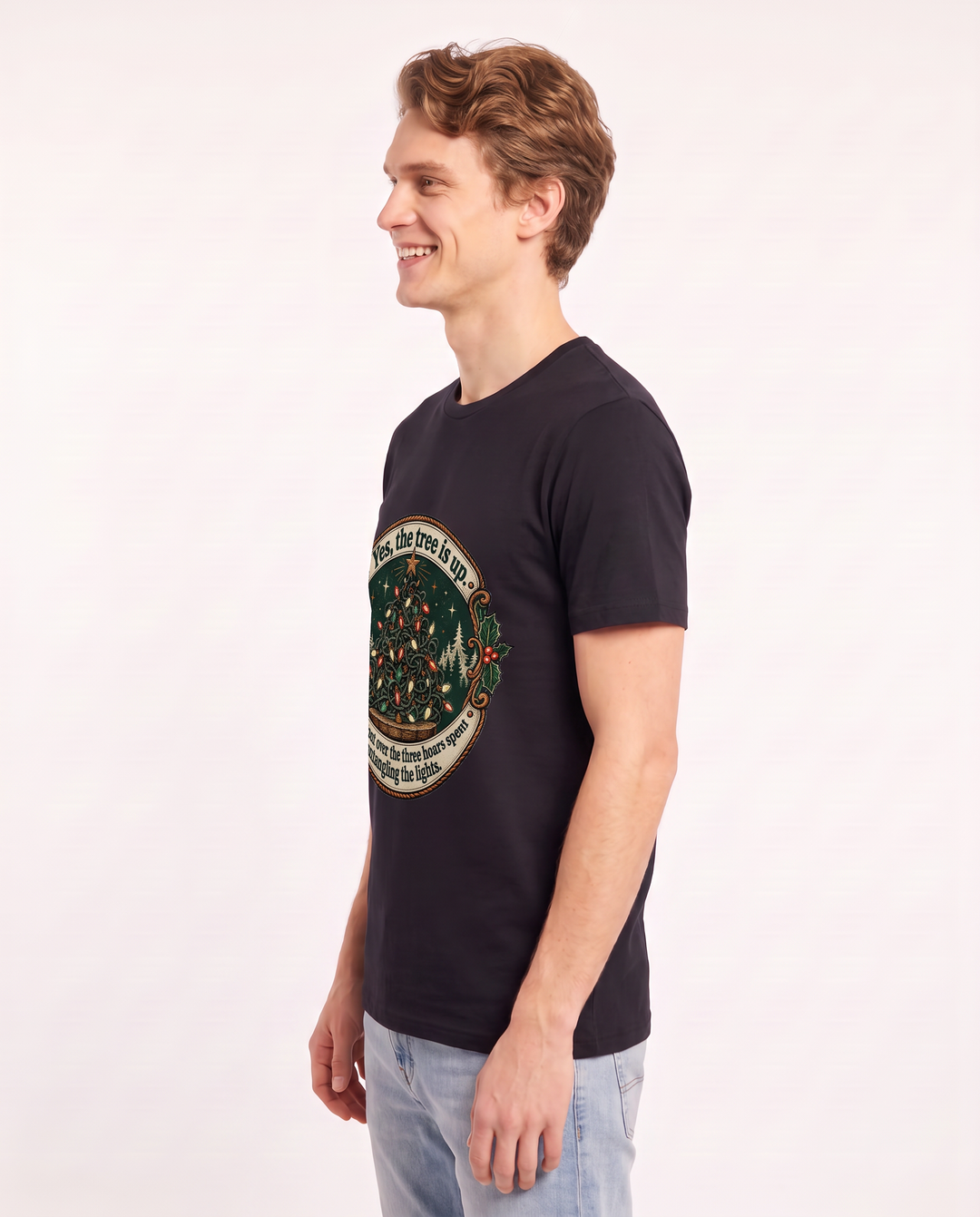 Yes, the tree is up. No, I'm not over the three hours spent untangling the lights. Men's Black T-Shirt product image 3