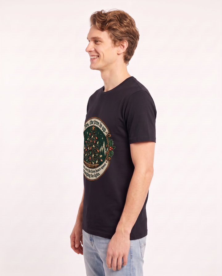 Yes, the tree is up. No, I'm not over the three hours spent untangling the lights. Men's Black T-Shirt product image 3