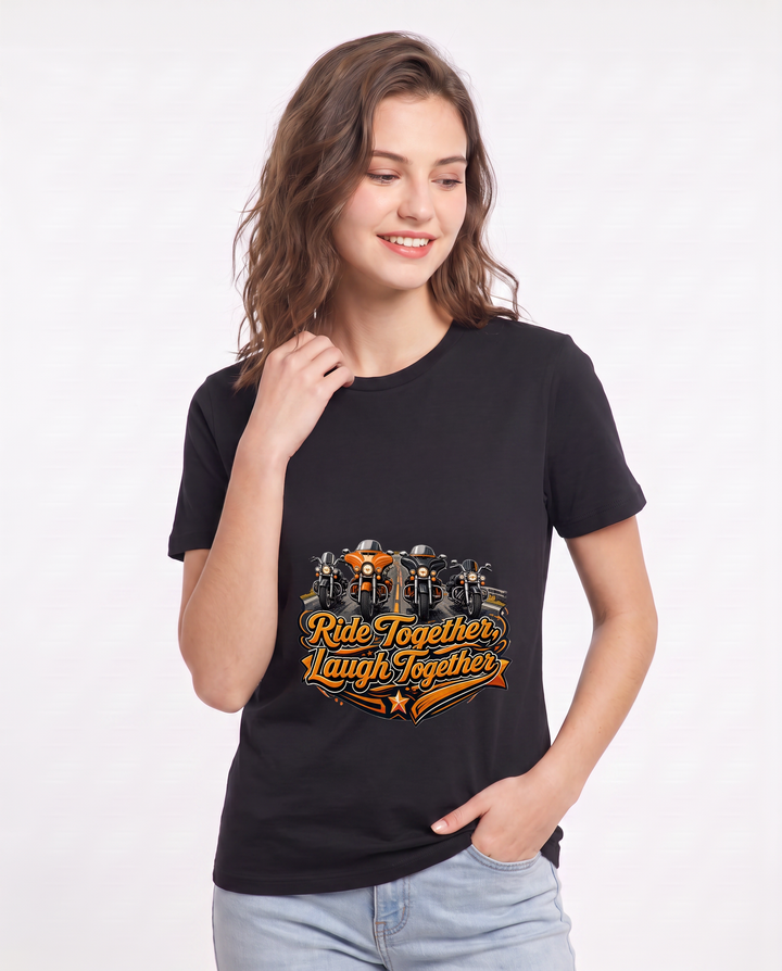 Ride Together, Laugh Together Women's Black T-Shirt product image 1